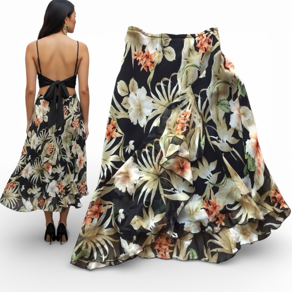 S.L.B. Asymmetrical Silk Organza Skirt High/low Floral Chiffon Lined Vintage SP